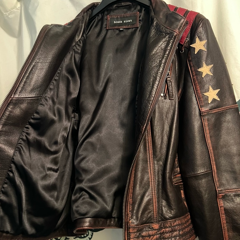 Black Rivet Dark Brown Jacket with Red and White Stars - Picture 3 of 11